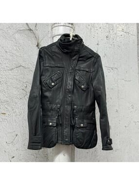 Vintage Technical "Cyber-Cargo" Funnel Neck Genuine Leather Jacket Black